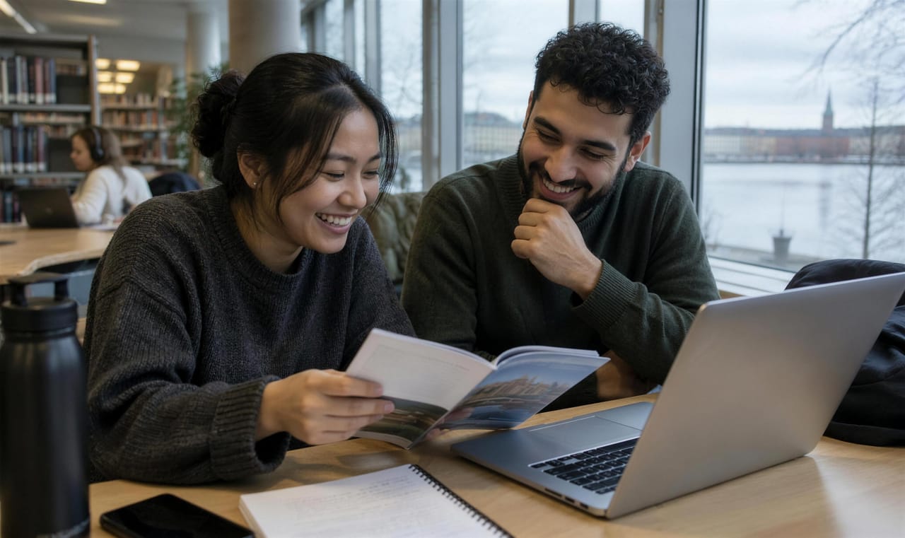Två personer pluggar tillsammans på ett bibliotek