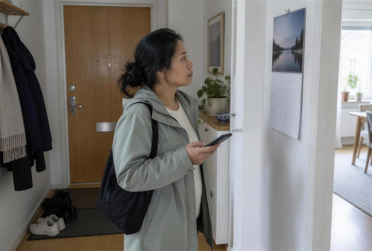 En kvinna i hallen tittar i mobilen bredvid en väggkalender