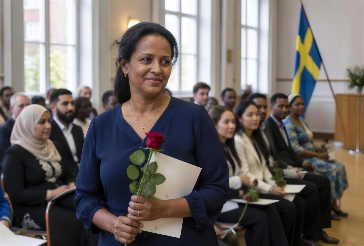 En kvinna med en ros vid en medborgarskapsceremoni