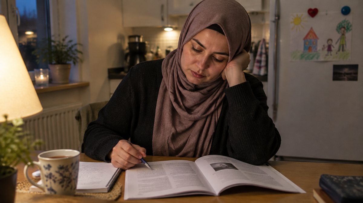 A woman studies Sverige i fokus at the kitchen table in the evening