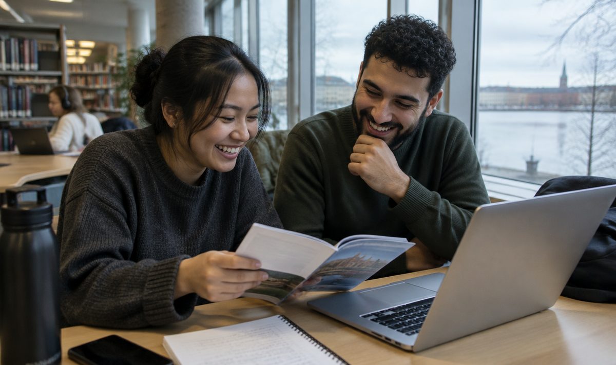 Two people studying together in a library