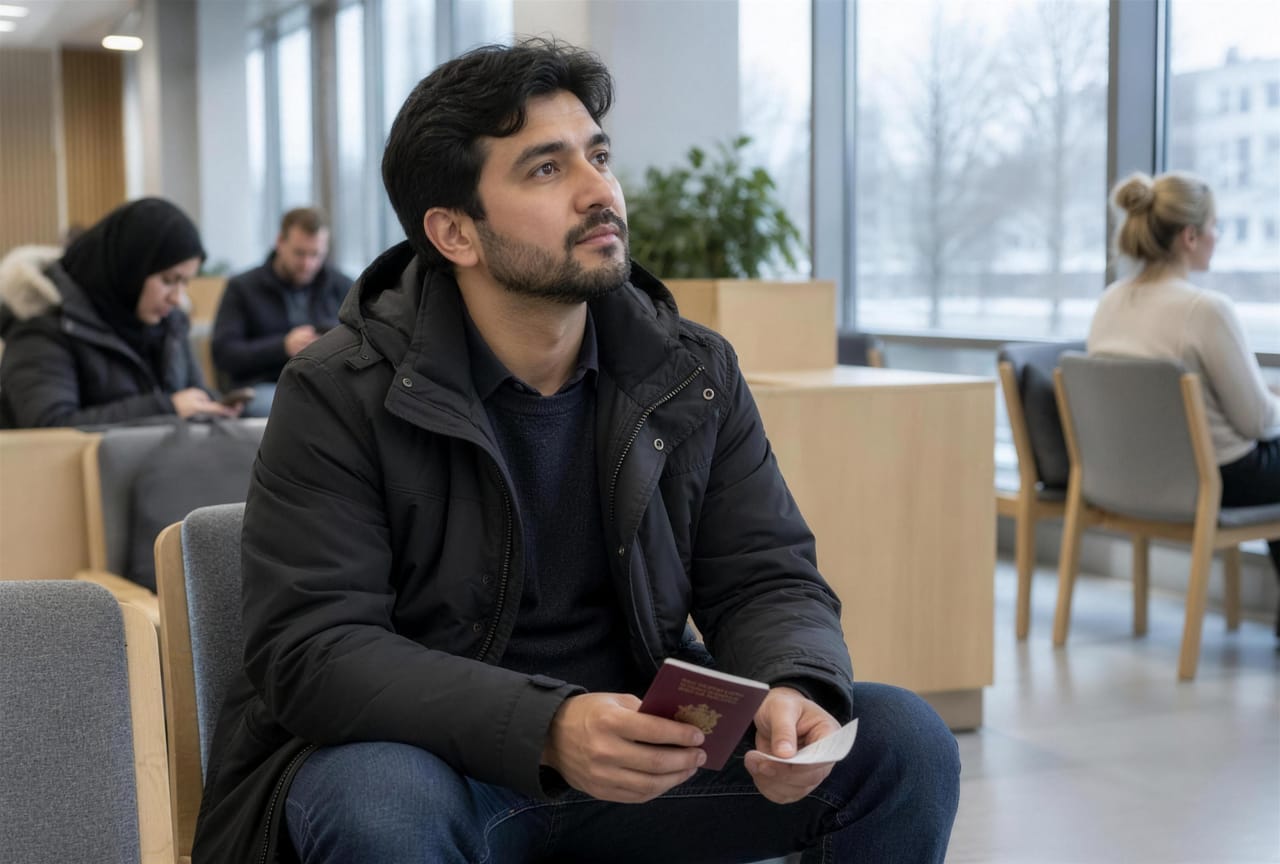 En man med pass i ett väntrum